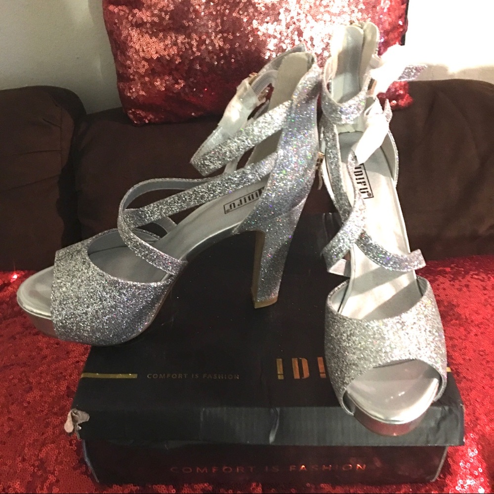 silver sparkle high heels